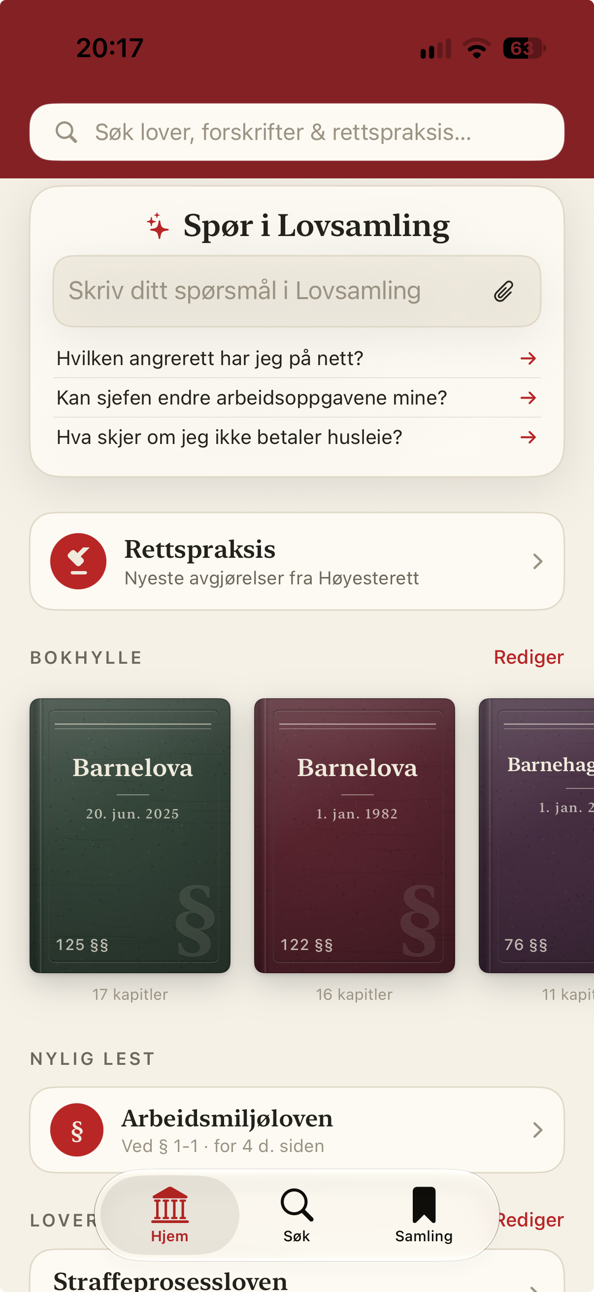 Lovsamling-appen med spørsmål, rettspraksis og bokhylle